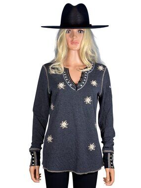 NWT Alp N Rock Natasha Henley Shirt W's L Heather Black Organic MSRP$228